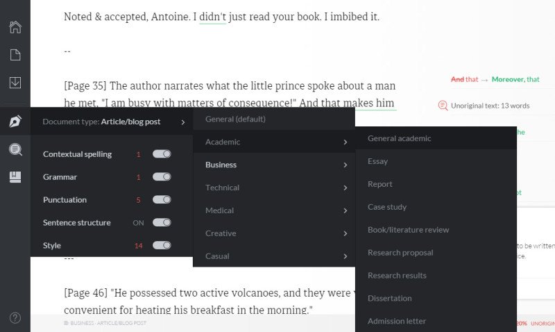 grammarly for different document and writing styles